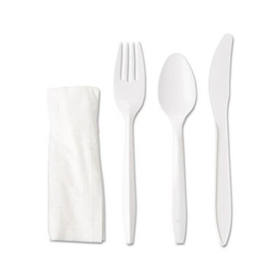GEN Wrapped Cutlery Kit, Fork/Knife/Spoon/Napkin, White, 250/Carton