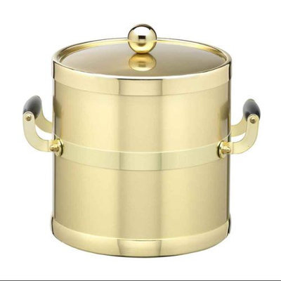 Brushed Brass 3qt Ice Bucket w/ Brass Lid & Wood Side Handles