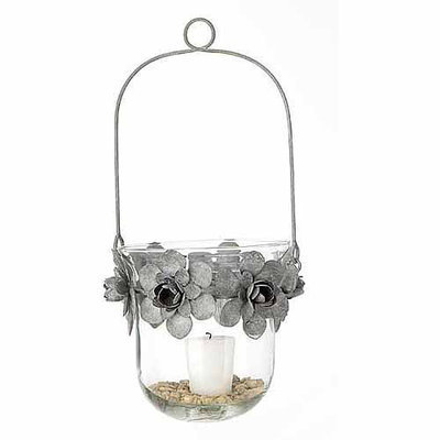 Teters Floral Products 7-inch x 13-inch Tin Flower and Glass Hanging Candle