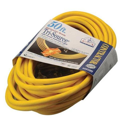 COLEMAN CABLE 50' 12/3 Yellow American Contractor Tri-Source Extension Cord