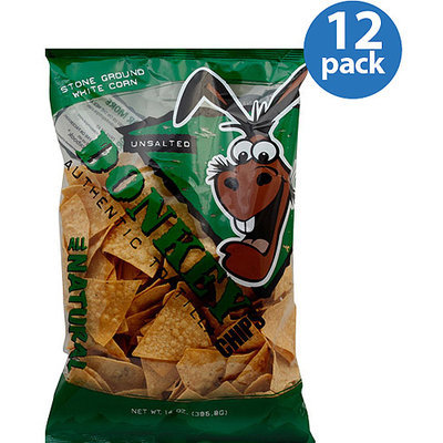 Donkey Chips Unsalted Authentic Tortilla Chips, 14 oz, (Pack of 12)