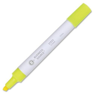 Business Source Highlighter - Chisel Marker Point Style - Fluorescent Yellow Ink - White Barrel - 12 / Dozen (bsn-37533)