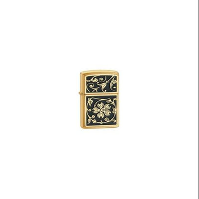 Zippo Brushed Brass Gold Floral Flush Emblem Lighter