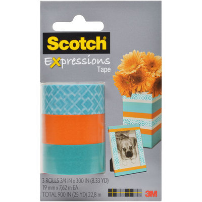 Scotch(R) Expressions Tape, 3/4in. x 300in, Classic Triangle/Blue/Orange, Pack Of 3