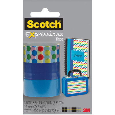 Scotch(R) Expressions Tape, 3/4in. x 300in, Dots/Blue/Turquoise, Pack Of 3