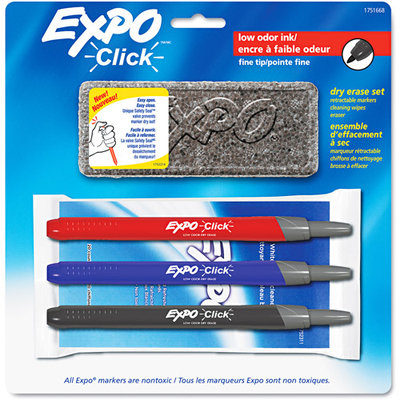 Expo Click Retractable Low-Odor Fine Tip Dry Erase Starter Set, 3 Assorted Markers