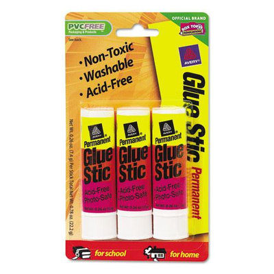 Avery Permanent Glue Stics, Clear Application, .26 oz, Stick, 3/Pack