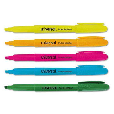 Universal 08850 Pocket Highlighter- Chisel Tip- Fluorescent Colors- 5/Set