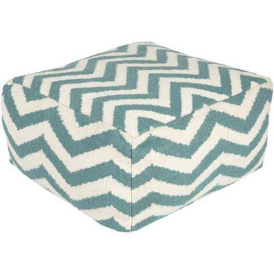 Diva At Home 24 Teal Blue and Ivory Chevron Wool Rectangular Pouf Ottoman