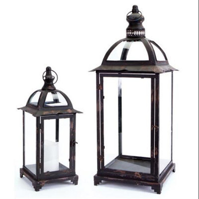 Melrose 2 Distressed Black Pillar Candle Lanterns with Curved Arch & Finial Tops 25.25