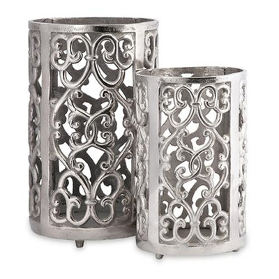 Cc Home Furnishings Set of 2 Balen Elegant Scrolled Polished Silver Pillar Candle Lanterns