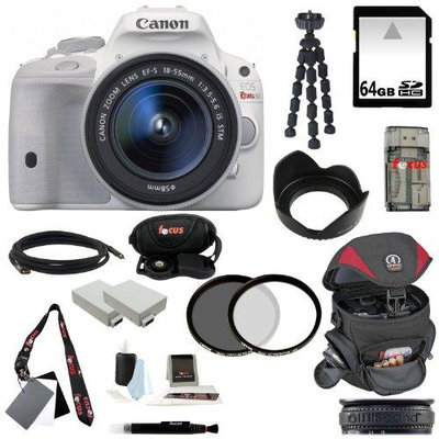 Canon EOS Rebel SL1 DSLR Camera with EF-S 18-55mm f/3.5-5.6 IS STM Lens (White) and 64GB Deluxe Accessory Kit