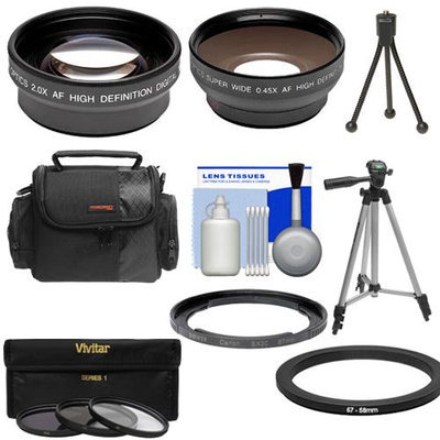 Bower Adapter Tube for Canon PowerShot SX30 IS Digital Camera (67mm) with .45x Wide Angle & 2x Telephoto Lenses + 3 (UV/CPL/FLD) Filters + Tripod + Case + Cleaning Kit
