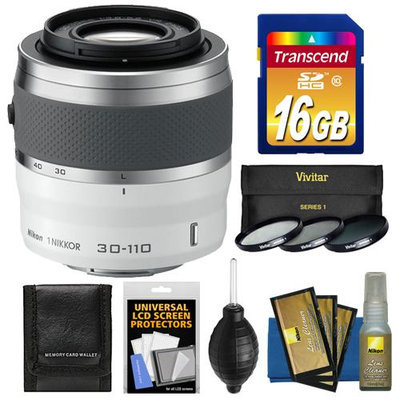 Nikon 1 30-110mm f/3.8-5.6 VR Nikkor Lens (White) with 16GB Card + 3 UV/CPL/ND8 Filters + Cleaning & Accessory Kit