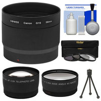 Bower LA-DC58L Conversion Adapter Tube for Canon PowerShot G15 Digital Camera (58mm) with Tripod + Wide Angle & Telephoto Lenses + 3 (UV/FLD/CPL) Filters + Cleaning Kit