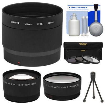 Bower LA-DC58L Conversion Adapter Tube for Canon PowerShot G15 Digital Camera (58mm) with Tripod + Wide Angle & Telephoto Lenses + 3 (UV/FLD/CPL) Filters + Cleaning Kit