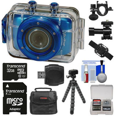 Vivitar DVR785HD Waterproof Action Video Camera Camcorder (Blue) with Helmet & Bike Mounts with 32GB Card + Case + Flex Tripod + Kit