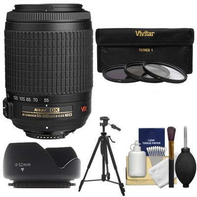 Nikon 55-200mm f/4-5.6G VR DX AF-S ED Zoom-Nikkor Lens - Factory Refurbished with 3 UV/FLD/CPL Filters + Hood + Tripod + Cleaning Kit