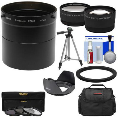 Bower AFZP200 Conversion Adapter Tube for Panasonic Lumix DMC-FZ200 Camera (67mm) with 2.5x Tele & .45x Wide Angle Lenses + Hood + 3 Filters + Case + Tripod Kit