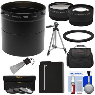Bower AFZP200 Conversion Adapter Tube for Panasonic Lumix DMC-FZ200 Camera (67mm) with 2.5x Tele & .45x Wide Lenses + 3 Filters + DMW-BLC12 Battery + Case + Tripod Kit