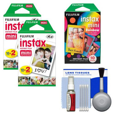 Essentials Bundle for Fujifilm Instax Mini 8 & Mini 90 Instant Film Camera with 20 Twin & 10 Rainbow Prints + Cleaning Kit