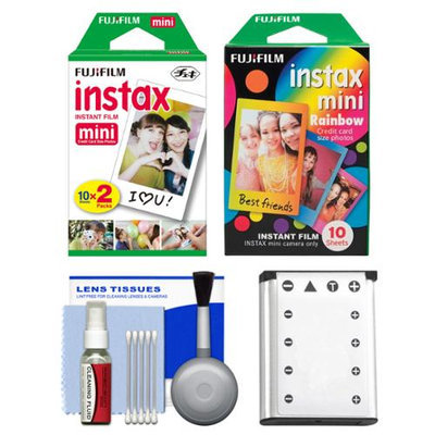 Essentials Bundle for Fujifilm Instax Mini 90 Instant Film Camera with 20 Twin Prints & 10 Rainbow Prints + Battery + Cleaning Kit