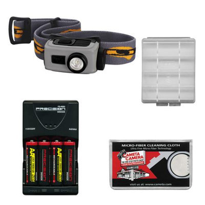 Fenix HL22 120 Lumens LED Waterproof Headlamp Torch Flashlight (Grey) with 4 AA Rechargeable Batteries & Charger + Case + Cloth