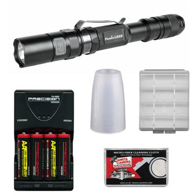 Fenix LD22 G2 High Performance Waterproof LED Flashlight with Diffuser Tip + 4 AA Recharageable Batteries & Charger + Cloth