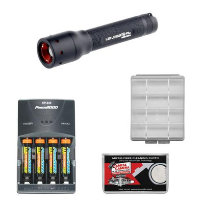 LED Lenser P5.2 140 Lumens Flashlight with Case with 4 AAA Rechargeable Batteries + Rapid Charger + Battery Case & Cleaning Cloth