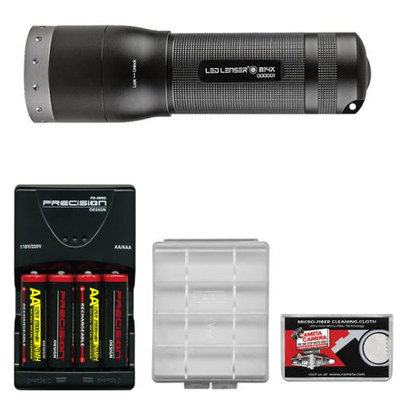 LED Lenser M14X LED Flashlight with Intelligent Clip (650 Lumens) with 4 AA Rechargeable Batteries + Charger + Battery Case + Cleaning Cloth