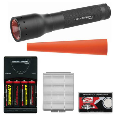 LED Lenser P14.2 350 Lumens Flashlight with Carrying Case with Signal Cone + 4 AA Rechargeable Batteries + Charger + Battery Case + Cleaning Cloth