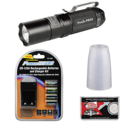 Fenix PD22 LED Waterproof Torch Flashlight (Black) with Diffuser Tip + 4 Recharageable Batteries & Charger + Cloth