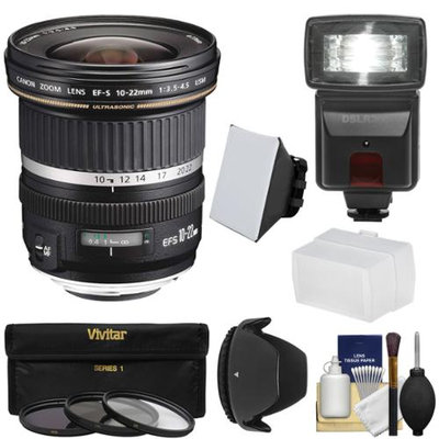 Canon EF-S 10-22mm f/3.5-4.5 USM Ultra Wide Angle Zoom Lens with Flash + 3 Filters + Diffusers + Hood + Kit