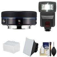 Samsung 16mm f/2.4 NX Ultra Wide Pancake Lens (Black) with Flash + Diffusers + Cleaning Kit