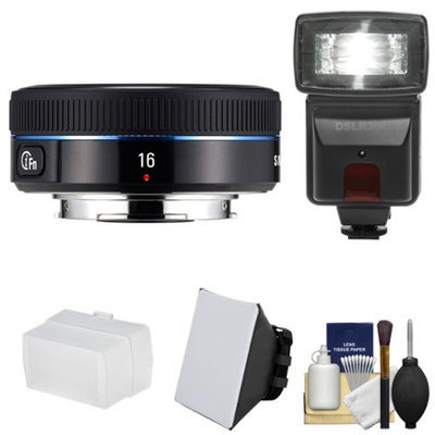 Samsung 16mm f/2.4 NX Ultra Wide Pancake Lens (Black) with Flash + Diffusers + Cleaning Kit