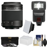 Sony Alpha A-Mount 55-200mm f/4-5.6 DT SAM Zoom Lens with Flash + 3 Filters + Diffusers + Kit