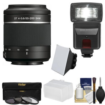 Sony Alpha A-Mount 55-200mm f/4-5.6 DT SAM Zoom Lens with Flash + 3 Filters + Diffusers + Kit