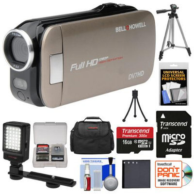 Bell & Howell Slice2 DV7HD 1080p HD Slim Video Camera Camcorder (Champagne) with 16GB Card + Battery + Case + Tripods + LED Light + Kit