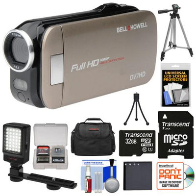 Bell & Howell Slice2 DV7HD 1080p HD Slim Video Camera Camcorder (Champagne) with 32GB Card + Battery + Case + Tripods + LED Light + Kit