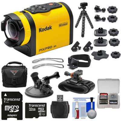 Kodak PixPro SP1 Video Action Camera Camcorder - Aqua Sport Pack with Suction Cup & Wrist Mounts + 32GB Card + Case + Flex Tripod + Kit