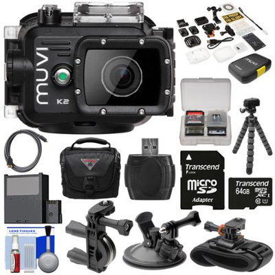 Veho Muvi K2 Wi-Fi Waterproof HD Video Action Camera Camcorder & 100m Underwater Housing with 64GB Card + Suction Cup Handlebar & Wrist Mounts + Battery + Tripod + Case + Kit