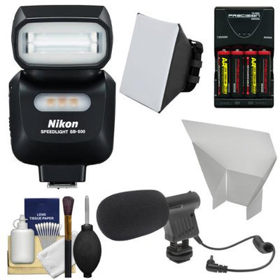 Nikon SB-500 AF Speedlight Flash & LED Video Light with Microphone + Batteries & Charger + Softbox + Reflector Kit