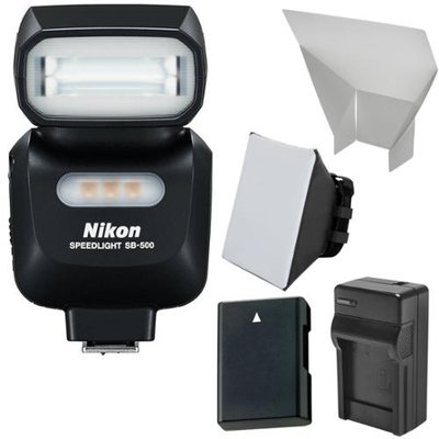 Nikon SB-500 AF Speedlight Flash & LED Video Light with EN-EL14 Battery & Charger + Softbox + Reflector Kit