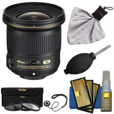 Nikon 20mm f/1.8G AF-S ED Nikkor Lens with 3 UV/CPL/ND8 Filters + Nikon Cleaning Kit