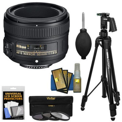 Nikon 50mm f/1.8G AF-S Nikkor Lens with 3 UV/CPL/ND8 Filters + Pistol Grip Tripod + Kit