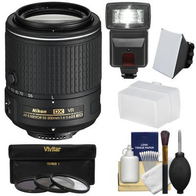 Nikon 55-200mm f/4-5.6G VR II DX AF-S ED Zoom-Nikkor Lens with Flash & Diffusers + 3 Filters + Kit