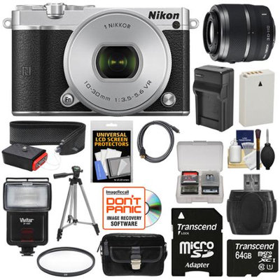 Nikon 1 J5 Wi-Fi Digital Camera & 10-30mm Lens (Silver) with 30-110mm VR Zoom Lens + 64GB Card + Sling Strap + Case + Tripod + Flash + Filter Kit + NIKON USA Warranty