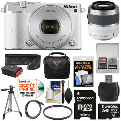 Nikon 1 J5 Wi-Fi Digital Camera & 10-30mm Lens (White) with 30-110mm VR Lens + 32GB Card + Sling Strap + Case + Tripod + Filter + Kit + NIKON USA Warranty