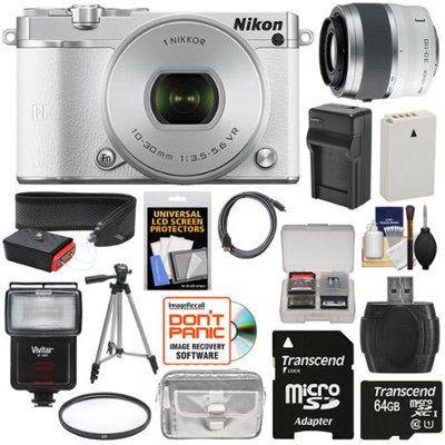 Nikon 1 J5 Wi-Fi Digital Camera & 10-30mm Lens (White) with 30-110mm VR Zoom Lens + 64GB Card + Sling Strap + Case + Tripod + Flash + Filter Kit + NIKON USA Warranty