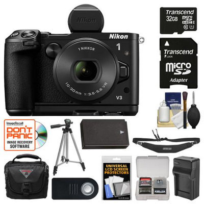Nikon 1 V3 Digital Camera with 10-30mm PD Lens, Viewfinder & Grip with 32GB Card + Case + Battery + Charger + Tripod + Remote + Strap + Kit + NIKON USA Warranty